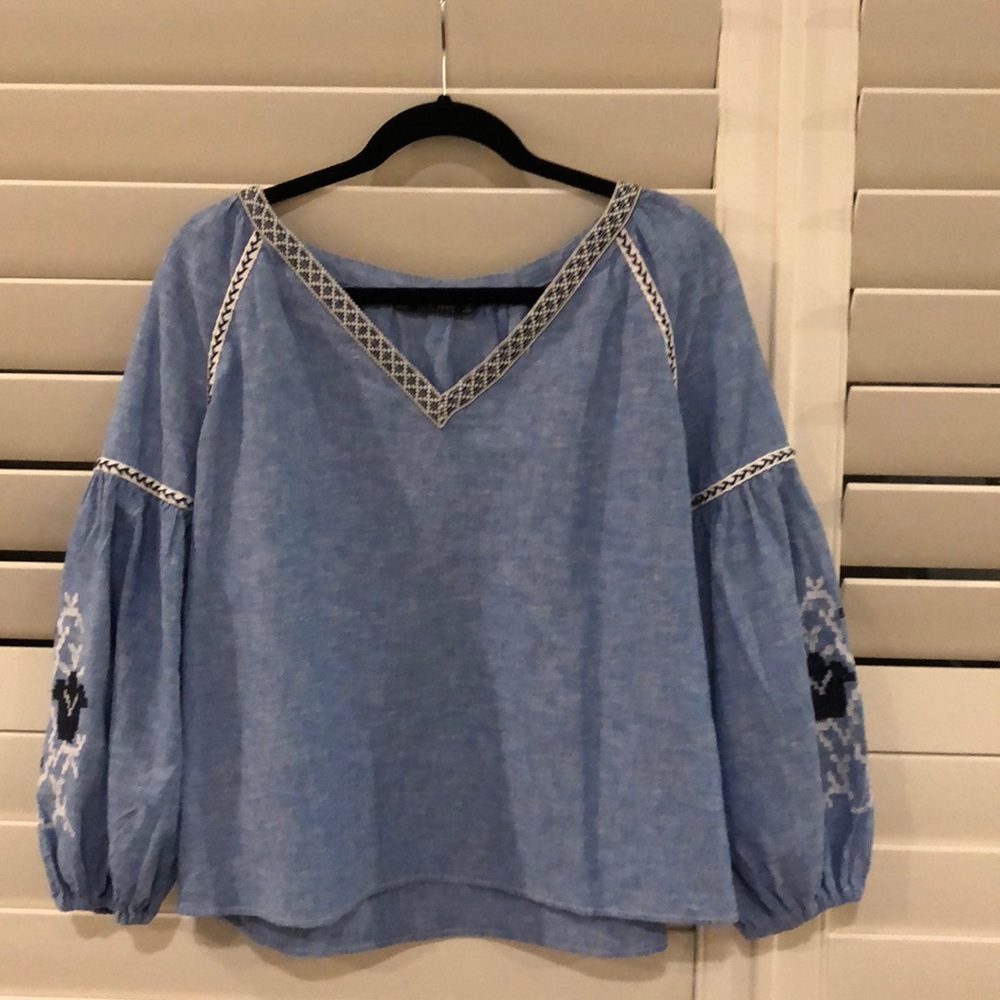 Zara Balloon Sleeve Chambray Top